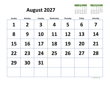 August 2027 Calendar with Extra-large Dates