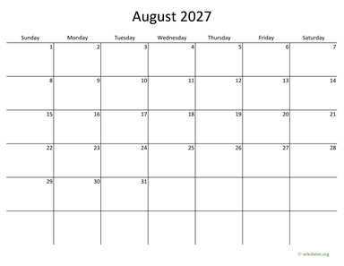 August 2027 Calendar with Bigger boxes | WikiDates.org