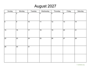 Basic Calendar for August 2027