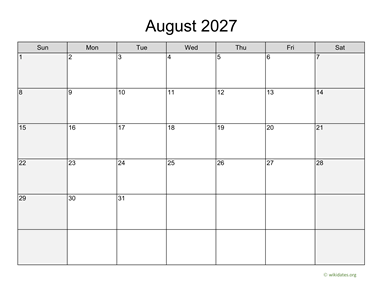 August 2027 Calendar with Weekend Shaded