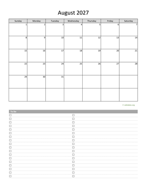 August 2027 Calendar with To-Do List