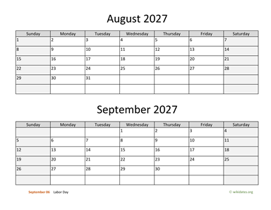 August and September 2027 Calendar Horizontal