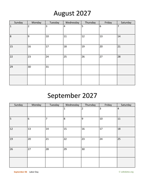August and September 2027 Calendar Vertical