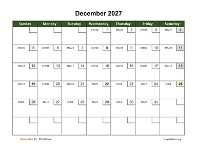 December 2027 Calendar with Day Numbers