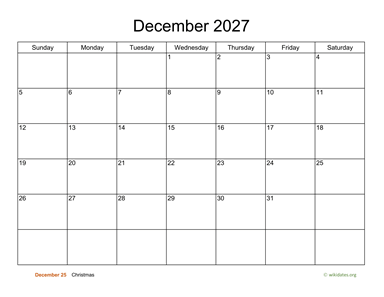 Basic Calendar for December 2027