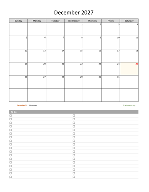 December 2027 Calendar with To-Do List