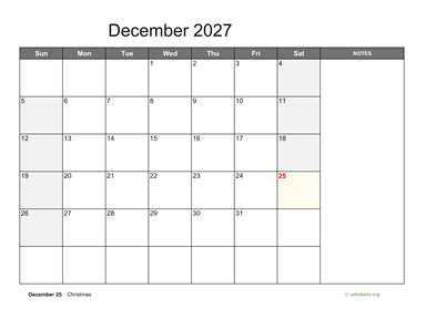 December 2027 Calendar with Notes