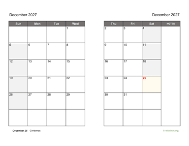 December 2027 Calendar on two pages