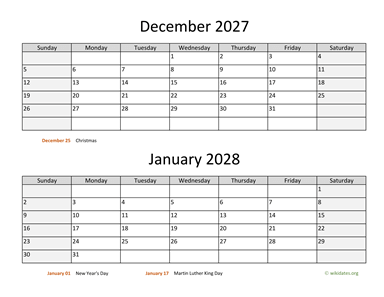 December 2027 and January 2028 Calendar Horizontal