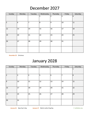 December 2027 and January 2028 Calendar Vertical
