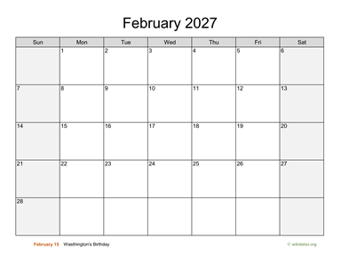 February 2027 Calendar with Weekend Shaded