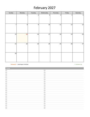 February 2027 Calendar with To-Do List