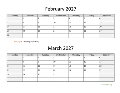 February and March 2027 Calendar Horizontal