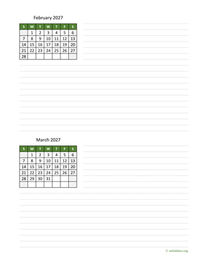 February and March 2027 Calendar with Notes