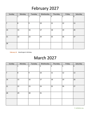 February and March 2027 Calendar Vertical