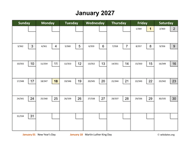 January 2027 Calendar with Day Numbers