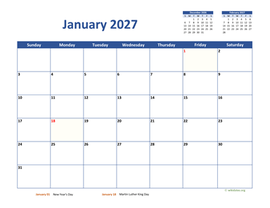 January 2027 Calendar Classic