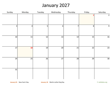 January 2027 Calendar with Bigger boxes