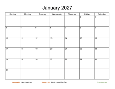 Basic Calendar for January 2027