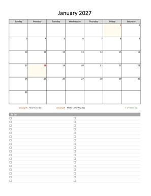 January 2027 Calendar with To-Do List