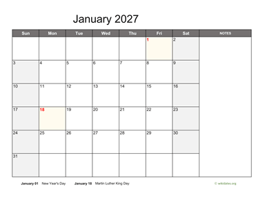 January 2027 Calendar with Notes