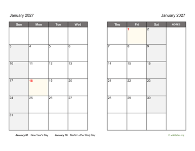 January 2027 Calendar on two pages