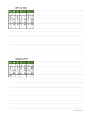 January and February 2027 Calendar with Notes