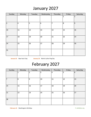 January and February 2027 Calendar Vertical