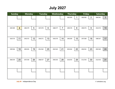 July 2027 Calendar with Day Numbers