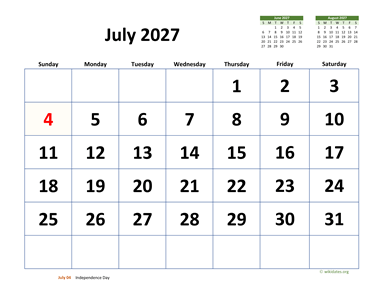 July 2027 Calendar with Extra-large Dates