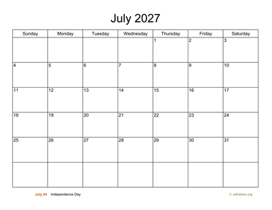 Basic Calendar for July 2027