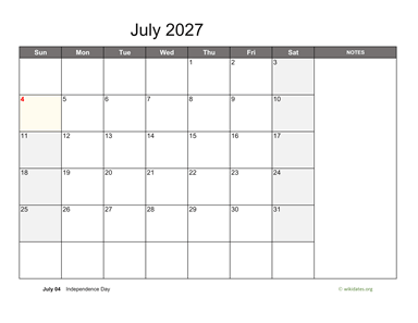 July 2027 Calendar with Notes