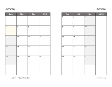 July 2027 Calendar on two pages