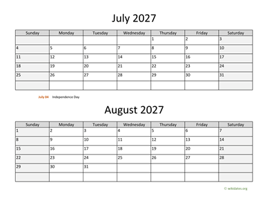 July and August 2027 Calendar Horizontal