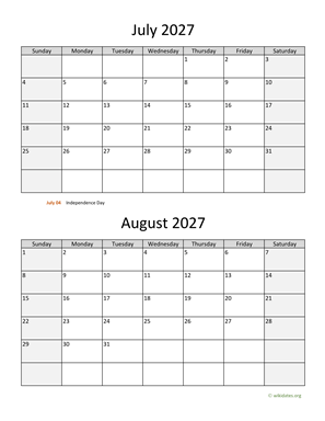 July and August 2027 Calendar Vertical