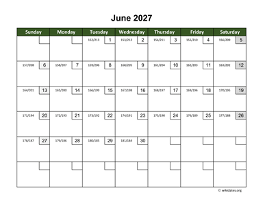 June 2027 Calendar with Day Numbers