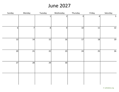 June 2027 Calendar with Bigger boxes