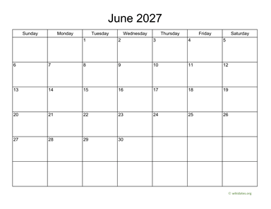 Basic Calendar for June 2027