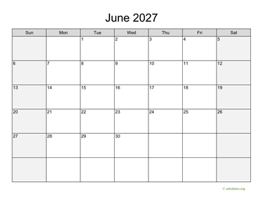 June 2027 Calendar with Weekend Shaded