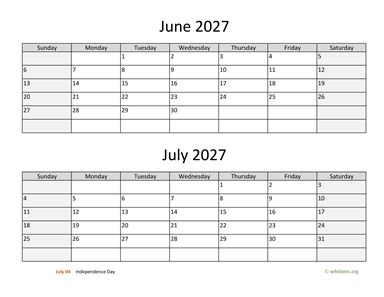 June and July 2027 Calendar Horizontal