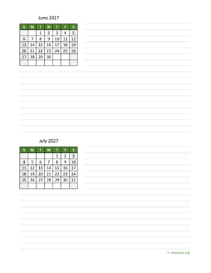 June and July 2027 Calendar with Notes