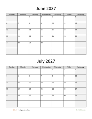 June and July 2027 Calendar Vertical