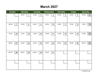 March 2027 Calendar with Day Numbers