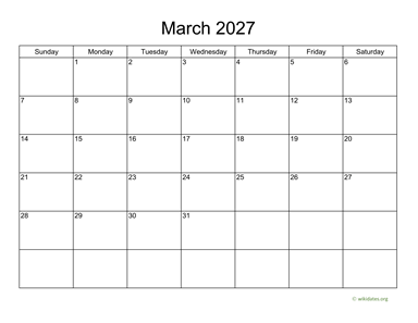 Basic Calendar for March 2027