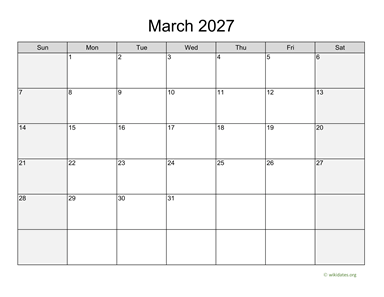 March 2027 Calendar with Weekend Shaded