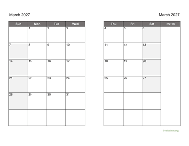 March 2027 Calendar on two pages