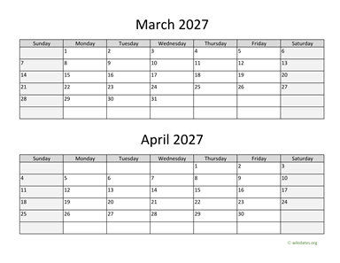 March and April 2027 Calendar Horizontal