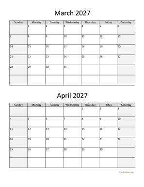 March and April 2027 Calendar Vertical