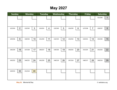 May 2027 Calendar with Day Numbers