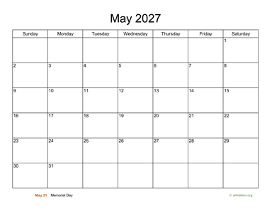 Basic Calendar for May 2027